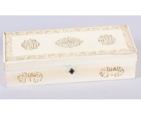 A 19th century Chinese ivory glove box with carved panel decoration, 9 1/4" longCondition: Weight 343g restorations (glued)  