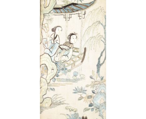 A Chinese silk panel with figures in boats, a "Mandarin sleeve" and a silk figure of a warrior