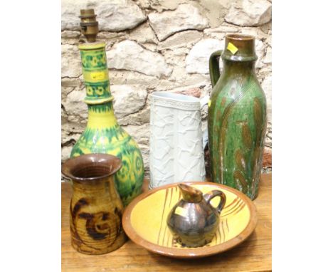 A Prestbury pottery bowl, 9 1/4" dia, two studio pottery jugs, a vase with flared lip, a table lamp and a quantity of English