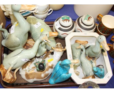 A number of Chinese ceramic geese, an Oriental carved soapstone figure of Kuan Yin and other Oriental objects, various