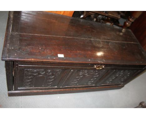An 18th century oak panel front coffer, now converted as a drop front cupboard, 52" wide