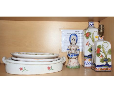 A tin-glazed double table salt, formed as figures holding baskets, two plates, a table lamp, a square-shaped vase, 11" high, 