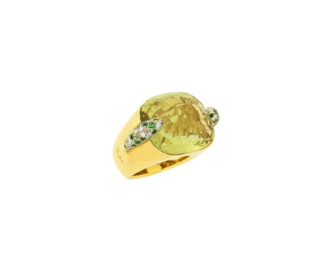 .18 kt., one cushion-shaped greenish yellow topaz ap. 28.25 cts., 28 round and brown round diamonds ap. .65 ct., 24 round gre