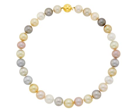 14 kt., 31 white, golden, gray and pink pearls ap. 15.2 to 13.0 mm., ball clasp inset wtih small round diamonds. Length 18 in
