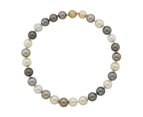 Estate / Collection: Estate of a Palm Beach Lady14 kt., 28 white, golden and gray pearls ap. 12.6 to 11.2 mm., ball clasp wit