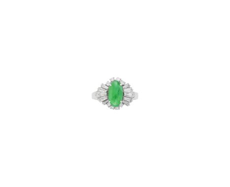 One oval cabochon jade ap. 10.85 x 5.96 x 3.76 mm., 8 round and 10 tapered baguette diamonds weighing .82 ct., weight inscrib