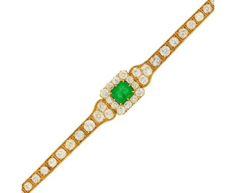 One emerald-cut emerald ap. 1.75 cts., 42 old-mine cut diamonds ap. 7.75 cts., c. 1900, ap. 12 dwts. Length 6 3/4 inches.Cond