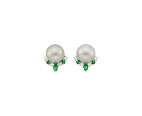 2 pearls ap. 12.4 and 12.6 mm., 8 round diamonds ap. .50 ct., 4 round and 2 marquise-shaped emeralds, signed J. Sloane, ap. 8