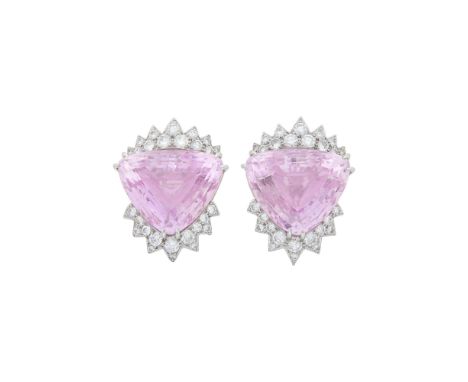 2 modified triangular-shaped step-cut kunzites ap. 45.00 cts., 54 round diamonds ap. 2.50 cts., ap. 17 dwts. gross.Condition 