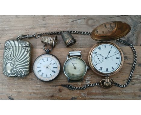 A mixed lot comprising a gold plated Elgin pocket watch, a silver pocket watch, a silver plated vesta lighter on silver chain