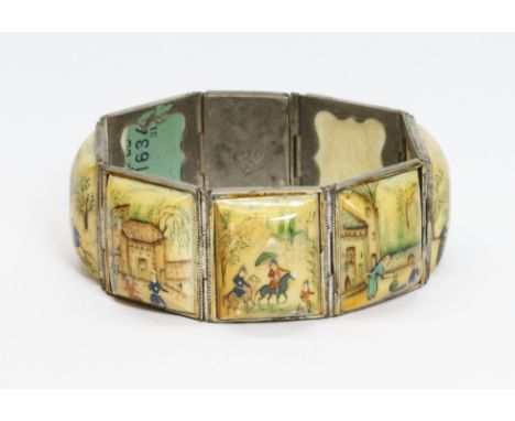 A vintage Indian lacquered bone panel and white metal bracelet, length 17cm.  