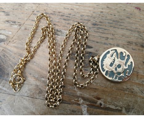 A 9ct gold jade pendant, on 54cm rolo chain, gross weight 15g. 