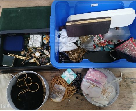 A box of assorted antique, vintage, modern costume jewellery and pens