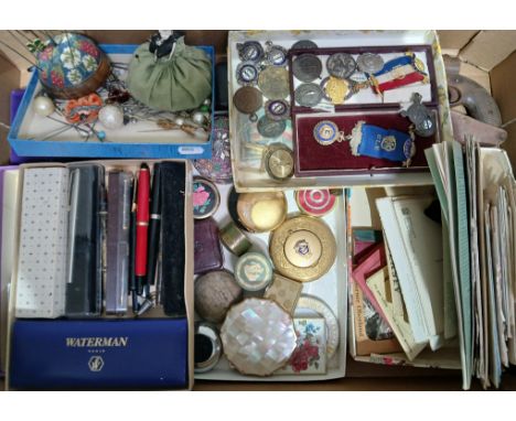 A box including collectables, a silver Masonic medal, sporting medals, pens, stick pins etc.