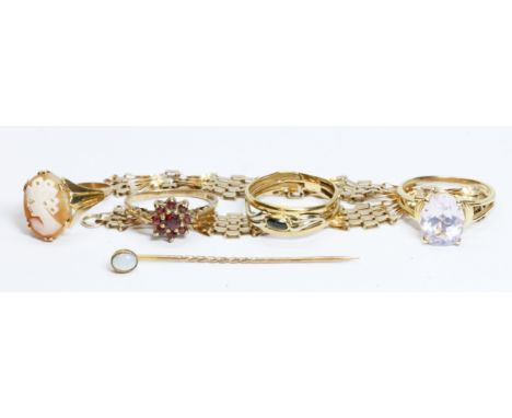 A mixed lot comprising four rings, a bracelet and an opal stick pin, various marks, gross weight 12.1g.  