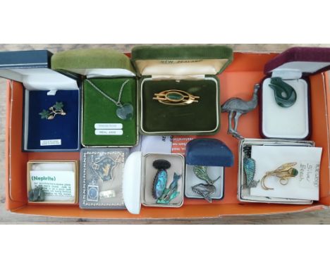 A tray of assorted jewellery including silver, jade, abalone etc.  