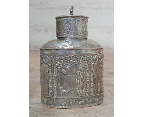 A 19th century Dutch import silver tea caddy, embossed all over with outdoor scenes, Dutch hallmarks, import marks for Samuel