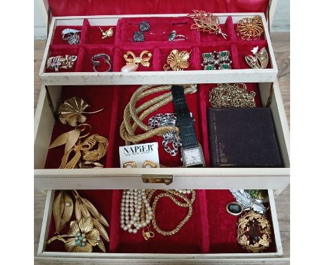 A jewellery box and contents including Trifari, Monet and Napier etc.  