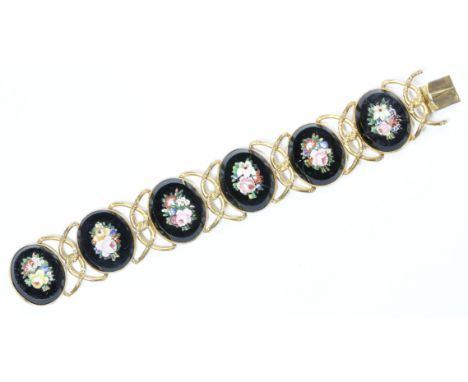 A 19th century gilt metal and paste bracelet, circa 1860, maker's mark 'EL', probably French with Italian floral micromosaic 