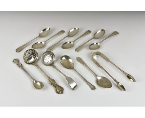 A small collection of 19th and early 20th century silver flatware comprising a Victorian Albert pattern sifter ladle, London 