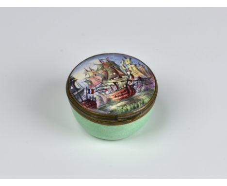 A late 18th / early 19th century enamel circular snuff box the lid painted with a maritime scene depicting the defeated Frenc