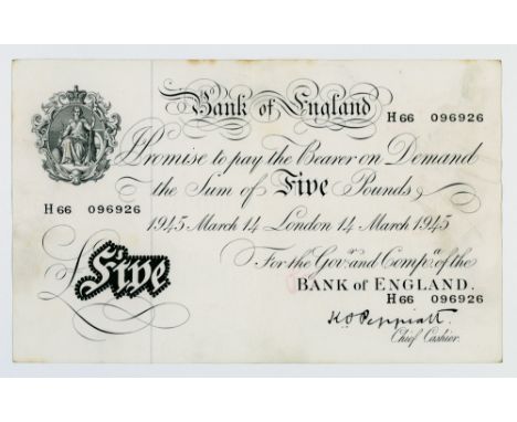 BRITISH BANKNOTE - Bank of England - Five Pounds K. O. Peppiatt, 14 March 1945, London, H66 096926, pressed and stained to up