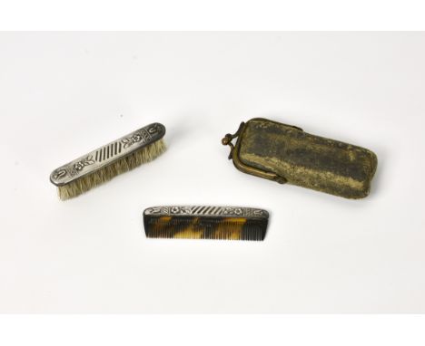 A novelty Continental silver mounted miniature brush and comb set probably late 19th century, the unmarked silver mounts with