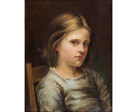 Miss Dickinson (British, late 19th century) Portrait of a young girl   oil on canvas, exhibition label verso, 'Art Exhibition