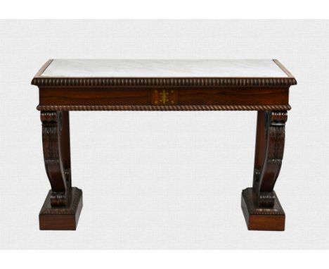 A William IV rosewood and marble console table the inset white and grey marble top with bevelled edge, over a reel and rope t