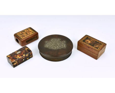 A small group of 19th century boxes comprising a Tunbridge ware rectangular trinket box, the cover delicately inlaid depictin