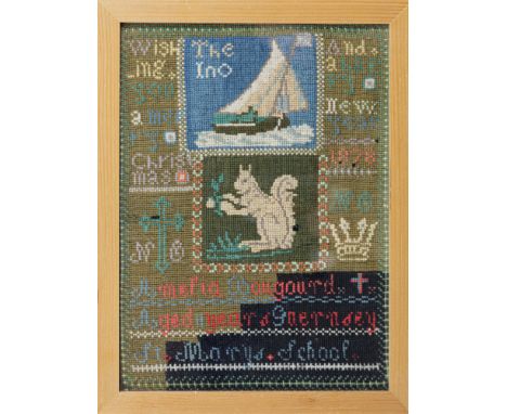 A Victorian Channel Islands needlework sampler inscribed 'Amelia Bougourd, Aged 11 years, Guernsey, St. Mary's School' and da