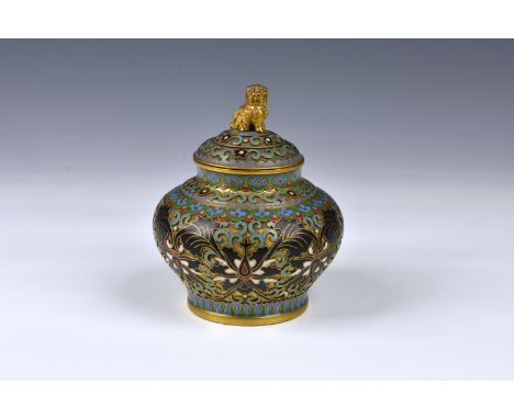 A fine quality Chinese cloisonne vase and cover early 20th century, the squat, baluster form vase with domed cover with gilt 