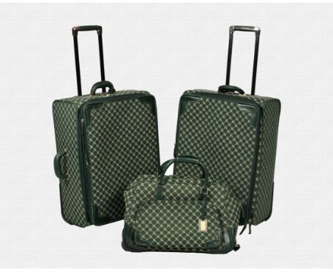 A pair of Ralph Lauren Signature Series suitcases in green and silver RLL monogrammed fabric, with green leather handles and 