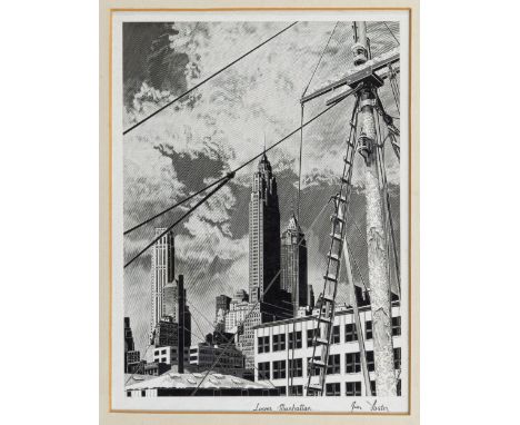 Alfred G. (Jim) Foster (American, fl. 1940s-50s) 'Lower Manhattan'   pen and ink, signed and inscribed   8¾ x 6½in. (22.25 x 