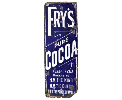 Advertising interest - FRY'S PURE COCOA enamel sign of large proportions, the vertical rectangular sign having white letterin