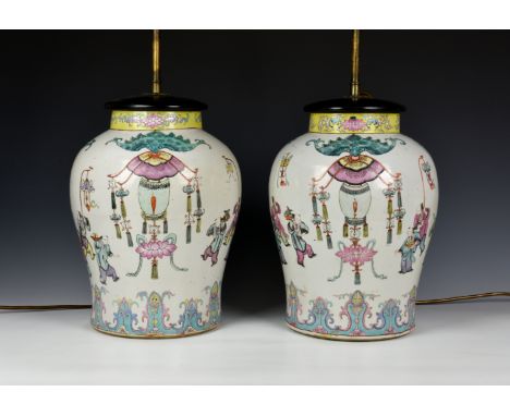 A good pair of Chinese famille rose porcelain 'Boys' vase lamps 19th century, the vases of stout baluster form, painted in po