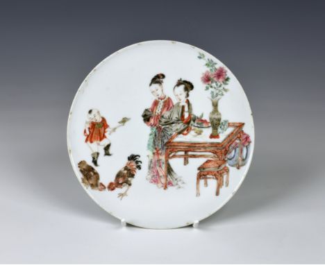 A fine Chinese famille rose porcelain shallow dish or stand Yongzheng six character mark in underglaze blue within double con