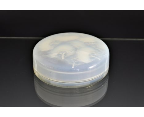 A Lalique opalescent 'Houppes' powder bowl the cover frosted, the clear base having etched signature 'R. Lalique France' and 