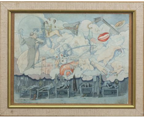 WW2 Abyssinian Campaign interest a watercolour depicting Italian troops asleep in their bunks, their dreams of home depicted 