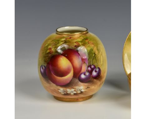 E Townsend for Royal Worcester miniature cabinet vase, of globular form, decorated with fruit and berries on ivory ground, ha