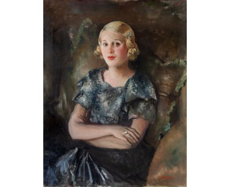David Jagger (British, 1891-1958) Portrait of Dorothy Hart   oil on canvas, signed 'JAGGER' lower right, further signed 'D. J