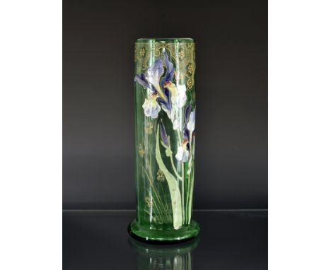 An Art Nouveau period Bohemian green glass Iris vase of slight fluting cylindrical form on waisted foot, having raised enamel