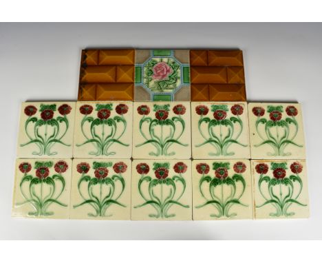 A set of ten Art Nouveau tiles the ivory glazed square tiles with stylised poppy decoration, moulded trademark to reverse, 6i