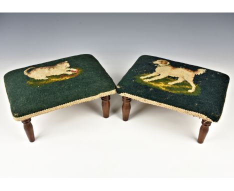 A pair of Victorian embroidered foot stools the rectangular cushions embroidered with a kitten with ball of string, the other