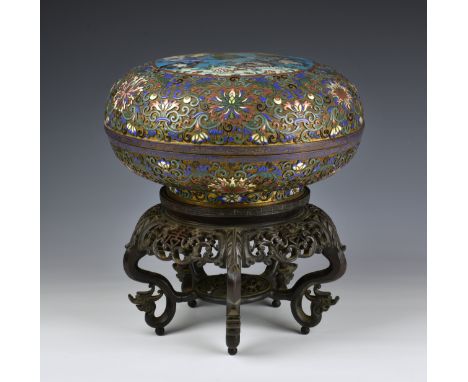 A fine, large Chinese champleve and cloisonné enamel box and cover probably Qing Dynasty, 19th century, the central cloisonné