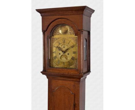 A late 18th century Channel Islands oak longcase clock by the eight day bell strike movement with four knopped pillars, inscr