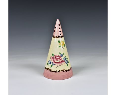 A Clarice Cliff for Wilkinson Ltd conical sugar caster 1937-52, floral pattern on honeyglaze and pink ground, 5½in. (14cm.) h