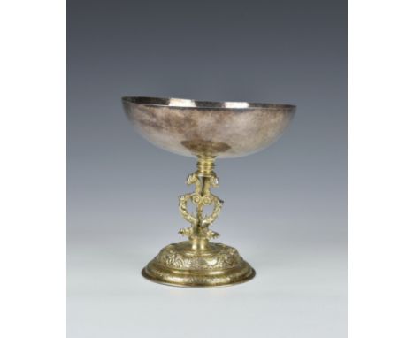 A 17th century silver parcel gilt chalice or communion cup two indistinctly struck marks to underside of foot, one possibly c