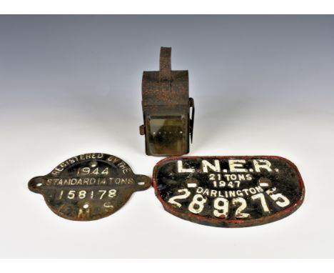 Railwayana - a cast iron LNER 21 Ton 1947 Darlington wagon plate together with an LMS wagon plate and a small lantern. (3)  