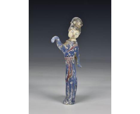 A solid polychrome glass figure of a Chinese female dancer / actress standing with one arm raised and dressed in a pale blue 